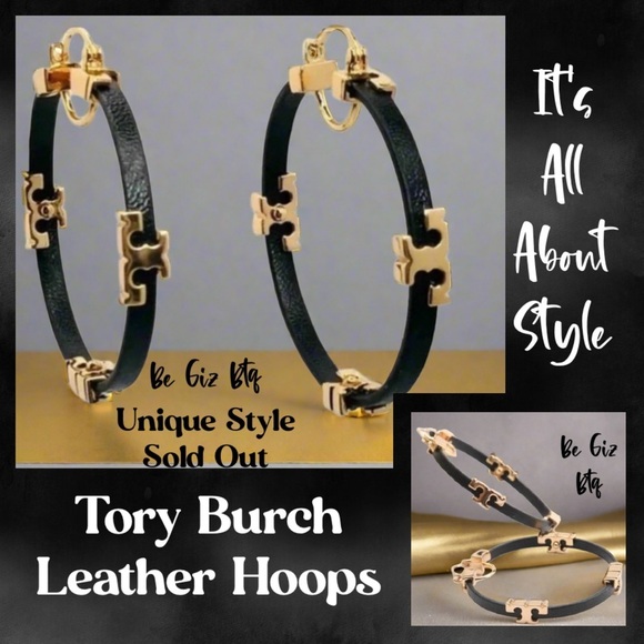 Tory Burch Jewelry - 🆕 Authentic Tory Burch Gold Black Serif T & Leather Hoop Earrings